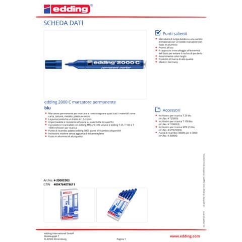 Marcatore permanente edding 2000 C punta tonda 1,5-3 mm blu - E-2000C 003